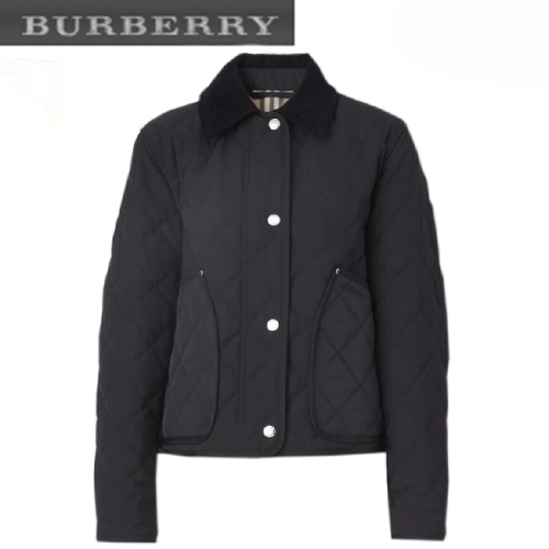 BURBERRY-80551311 버버리 블랙 코듀로이 칼라 다이아몬드 퀼팅 크롭 반 재킷 여성용