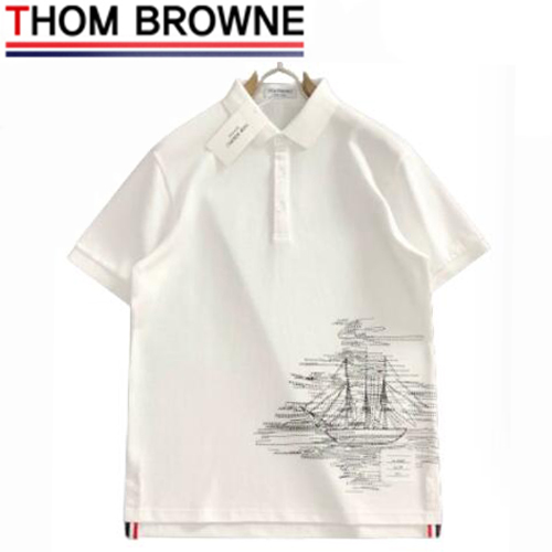 THOM BROWNE-05181 톰 브라운 화이트 코튼 폴로 티셔츠 남성용
