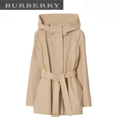 BURBERRY-80658051 버버리 베이지 테크니컬 코튼 파이유 후드 카 코트 여성용