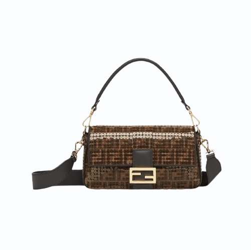 [스페셜오더]FENDI-8BR600 펜디 브라운 FF 자카드 시퀸 패브릭 미디엄 바게트 백 27CM