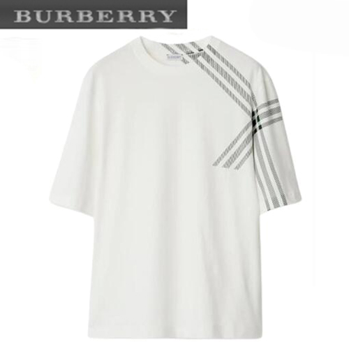 BURBERRY-80846851 버버리 화이트 체크 슬리브 코튼 티셔츠 남성용